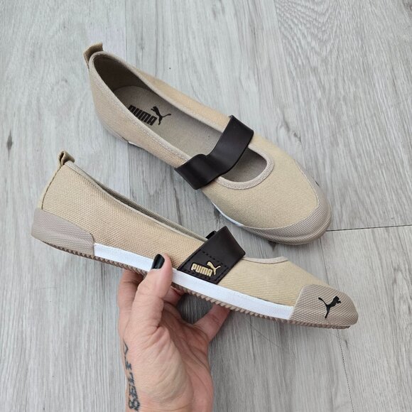 vintage Puma | sneakerina tan canvas sporty balletcore mary jane flats | WMS 8 - Picture 1 of 11